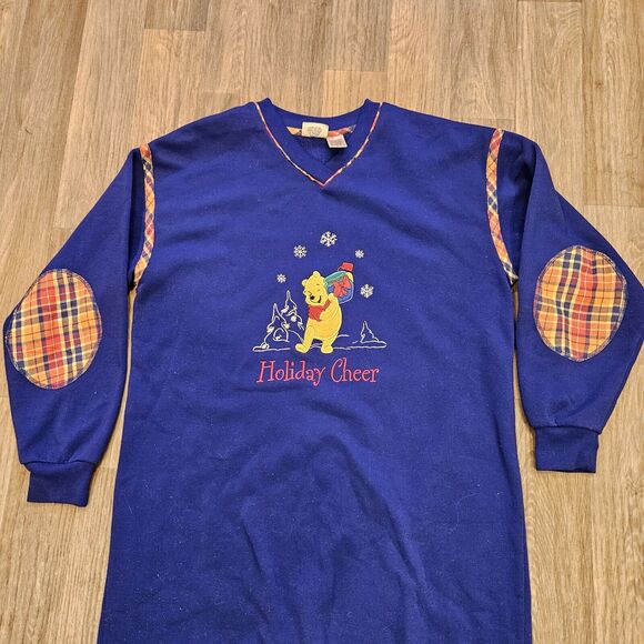 Vtg 90s Winnie The Pooh Nightgown Womens M Blue Fleece Elbow Patches Holiday - Picture 2 of 8